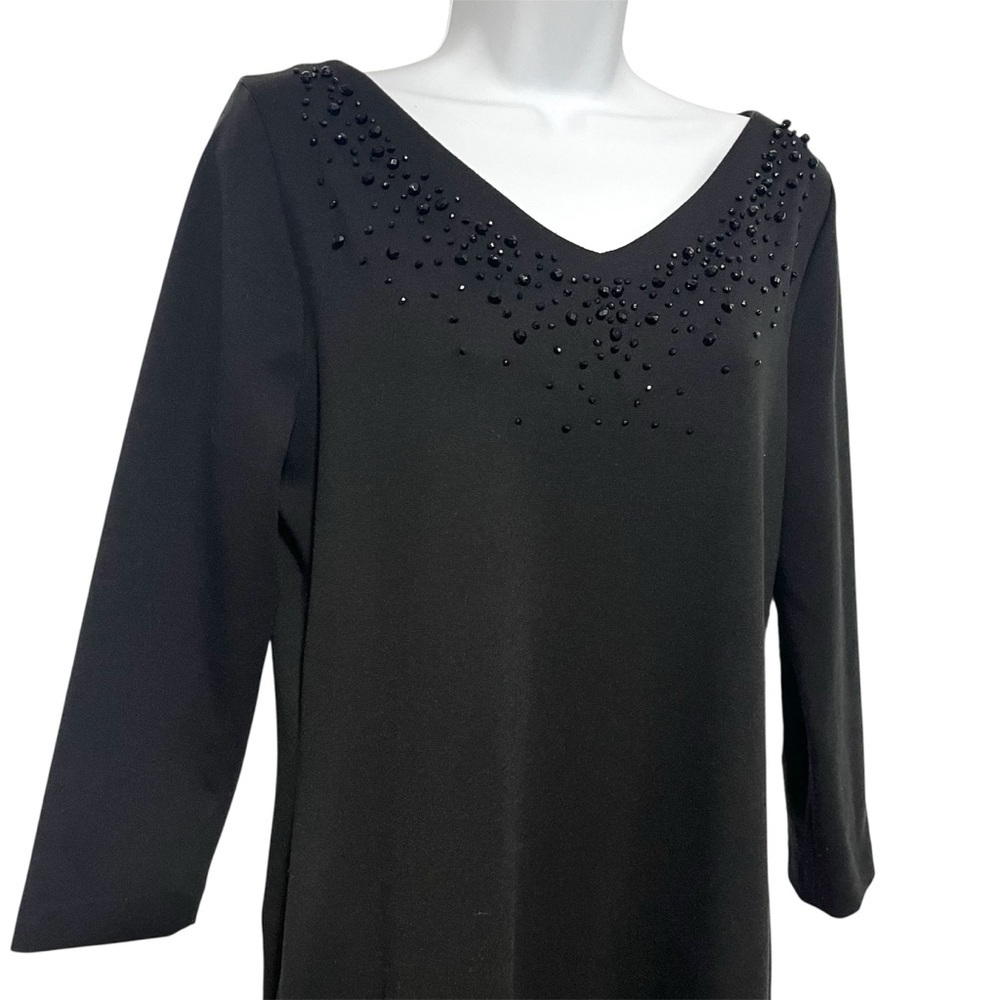 Isaac Mizrahi Beaded Neckline Size 14 Black Dress 3/4 Sleeve Gym Rhinestone